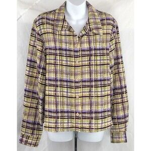 vintage regatta button up top L green purple Geo plaid long sleeve collar Boho